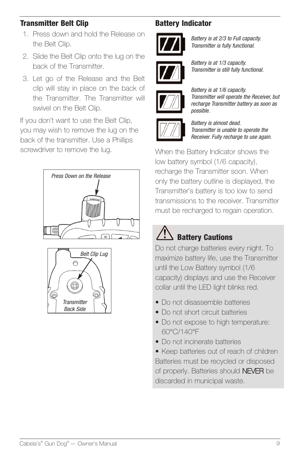 Transmitter belt clip, Battery indicator, Battery cautions | Petsafe Innotek Cabela’s Gun Dog Remote Trainer User Manual | Page 9 / 24
