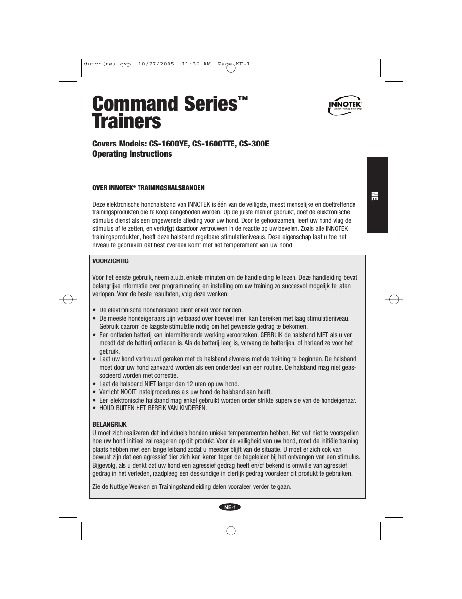 Dutch(ne).pdf, Command series, Trainers | Petsafe Innotek Command Series Remote Trainer User Manual | Page 13 / 72