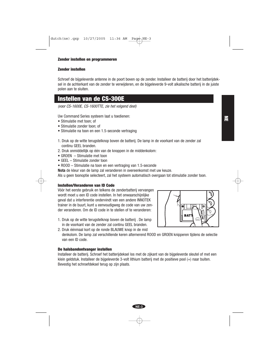 Instellen van de cs-300e | Petsafe Innotek Command Series Remote Trainer User Manual | Page 15 / 72