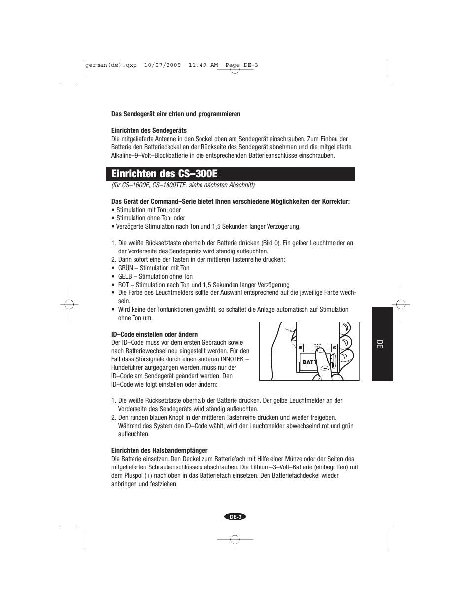 Einrichten des cs–300e | Petsafe Innotek Command Series Remote Trainer User Manual | Page 39 / 72