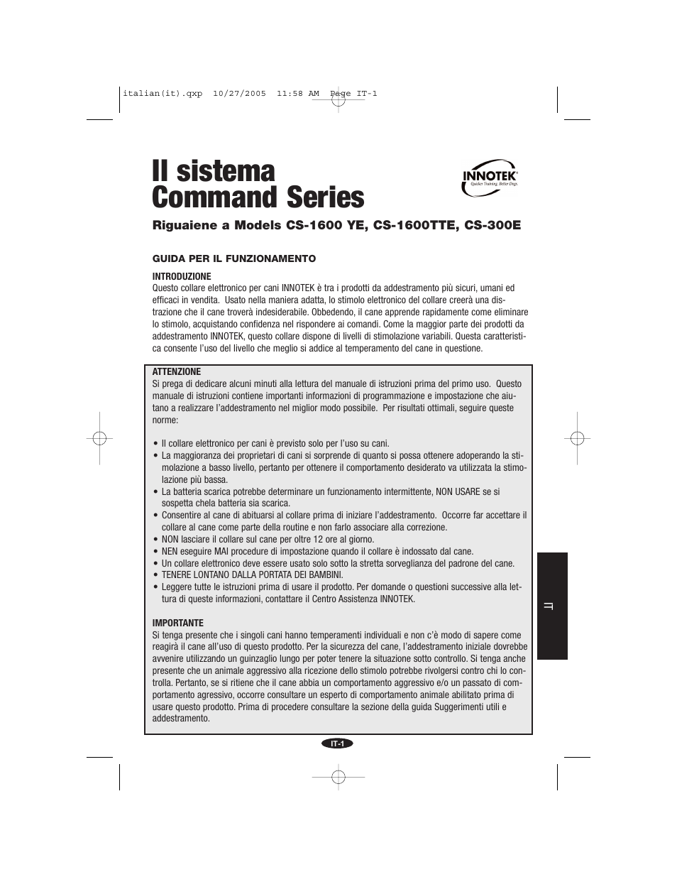 Italian(it).pdf, Il sistema command series | Petsafe Innotek Command Series Remote Trainer User Manual | Page 49 / 72