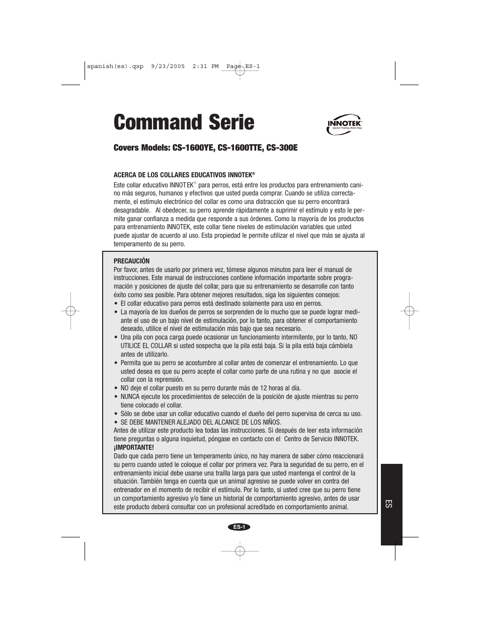 Spanish(es).pdf, Command serie | Petsafe Innotek Command Series Remote Trainer User Manual | Page 61 / 72