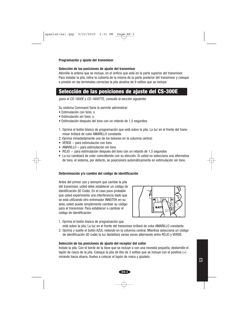 Selección de las posiciones de ajuste del cs-300e | Petsafe Innotek Command Series Remote Trainer User Manual | Page 63 / 72