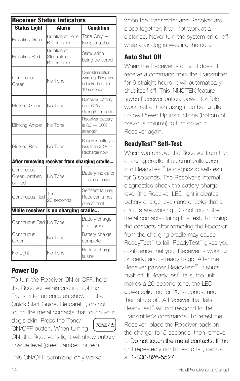Power up, Auto shut off, Readytest | Self-test, Receiver status indicators | Petsafe Innotek FieldPro Remote Trainer User Manual | Page 14 / 24