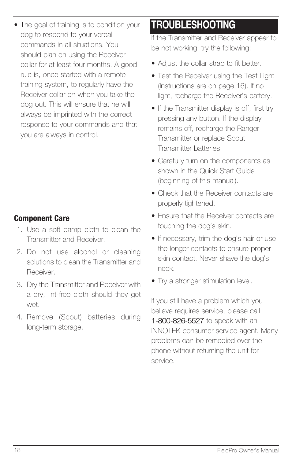 Troubleshooting | Petsafe Innotek FieldPro Remote Trainer User Manual | Page 18 / 24