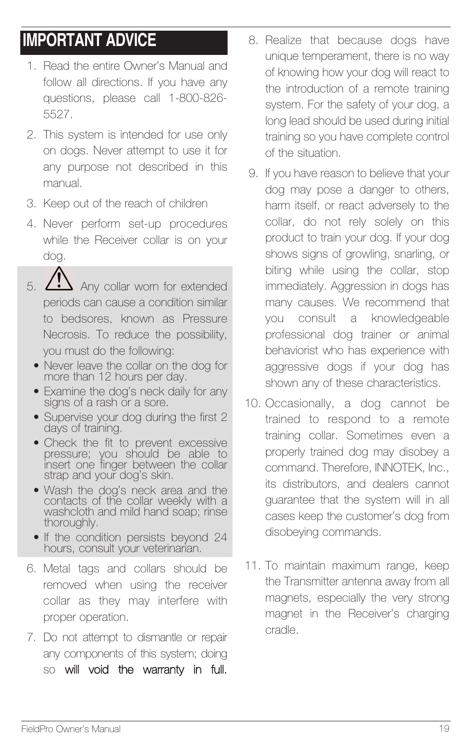 Important advice | Petsafe Innotek FieldPro Remote Trainer User Manual | Page 19 / 24