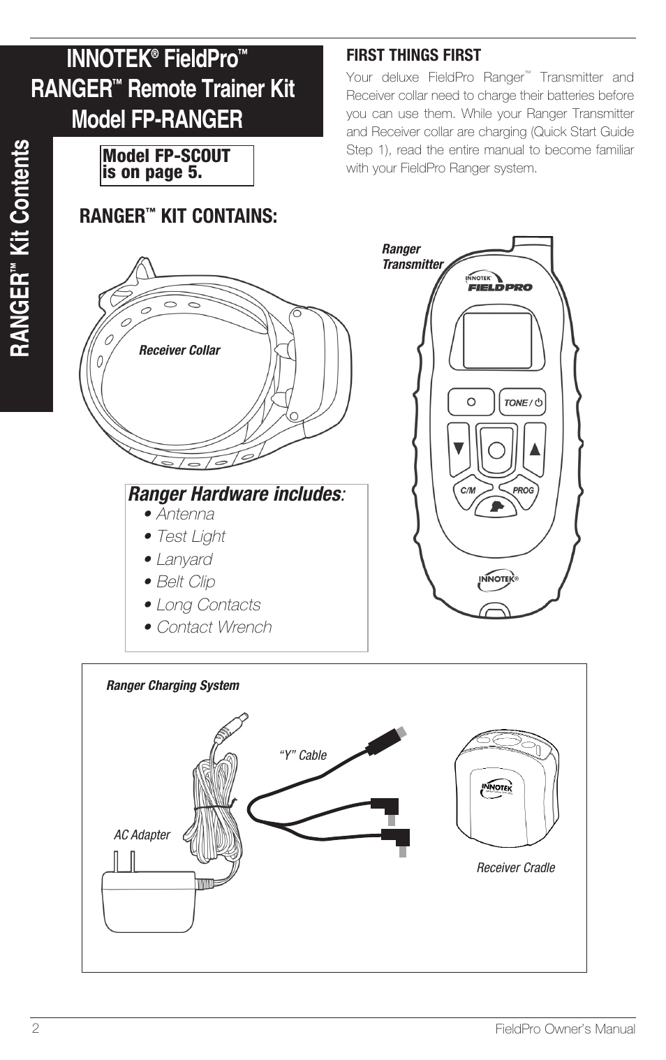 Fieldpro, Ranger, Remote trainer kit model fp-ranger | Kit contents, Ranger hardware includes, Kit contains | Petsafe Innotek FieldPro Remote Trainer User Manual | Page 2 / 24