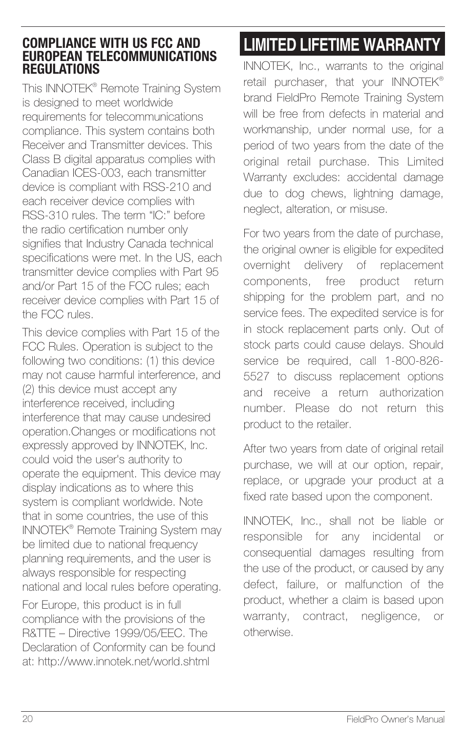 Limited lifetime warranty | Petsafe Innotek FieldPro Remote Trainer User Manual | Page 20 / 24
