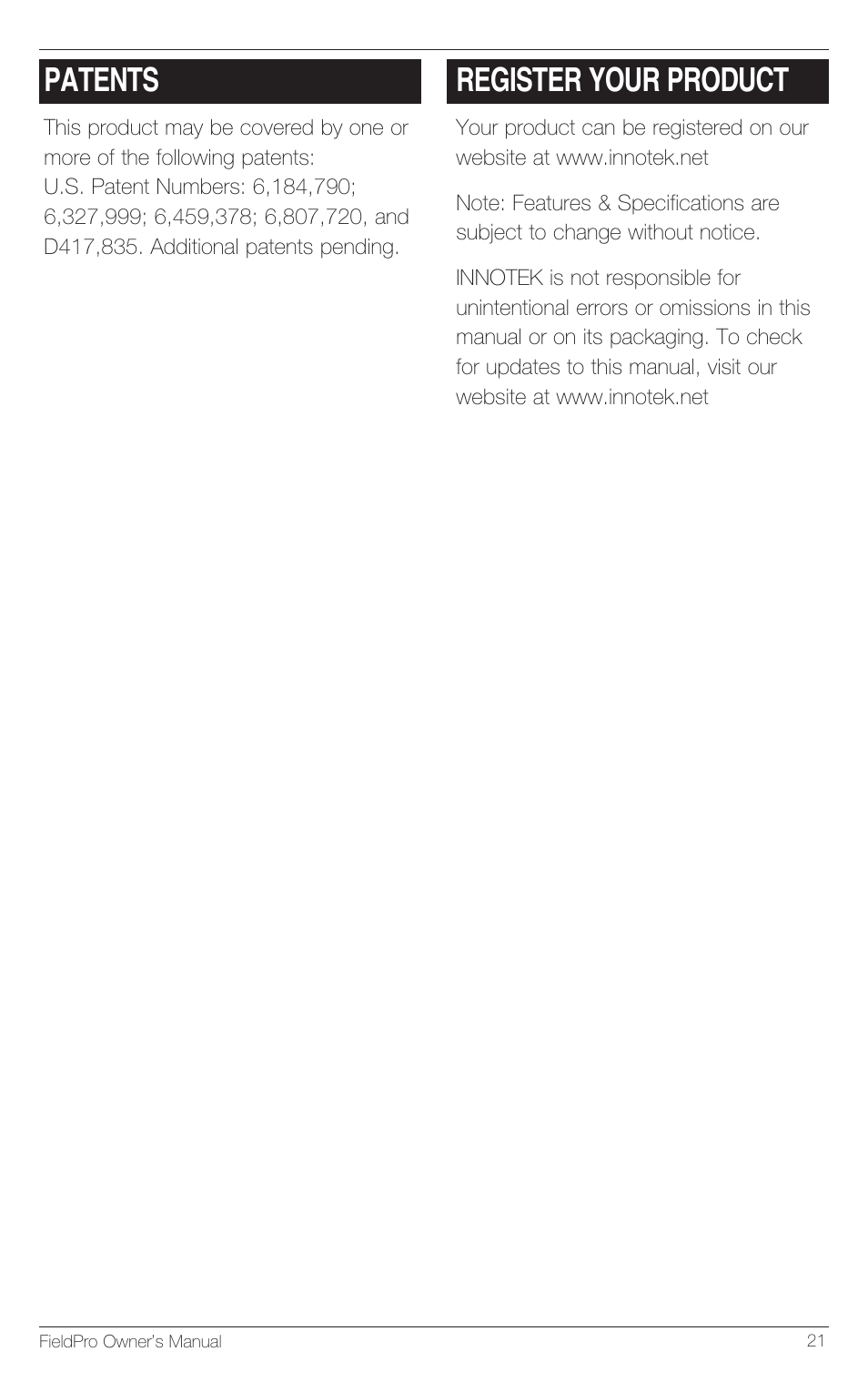 Patents, Register your product | Petsafe Innotek FieldPro Remote Trainer User Manual | Page 21 / 24