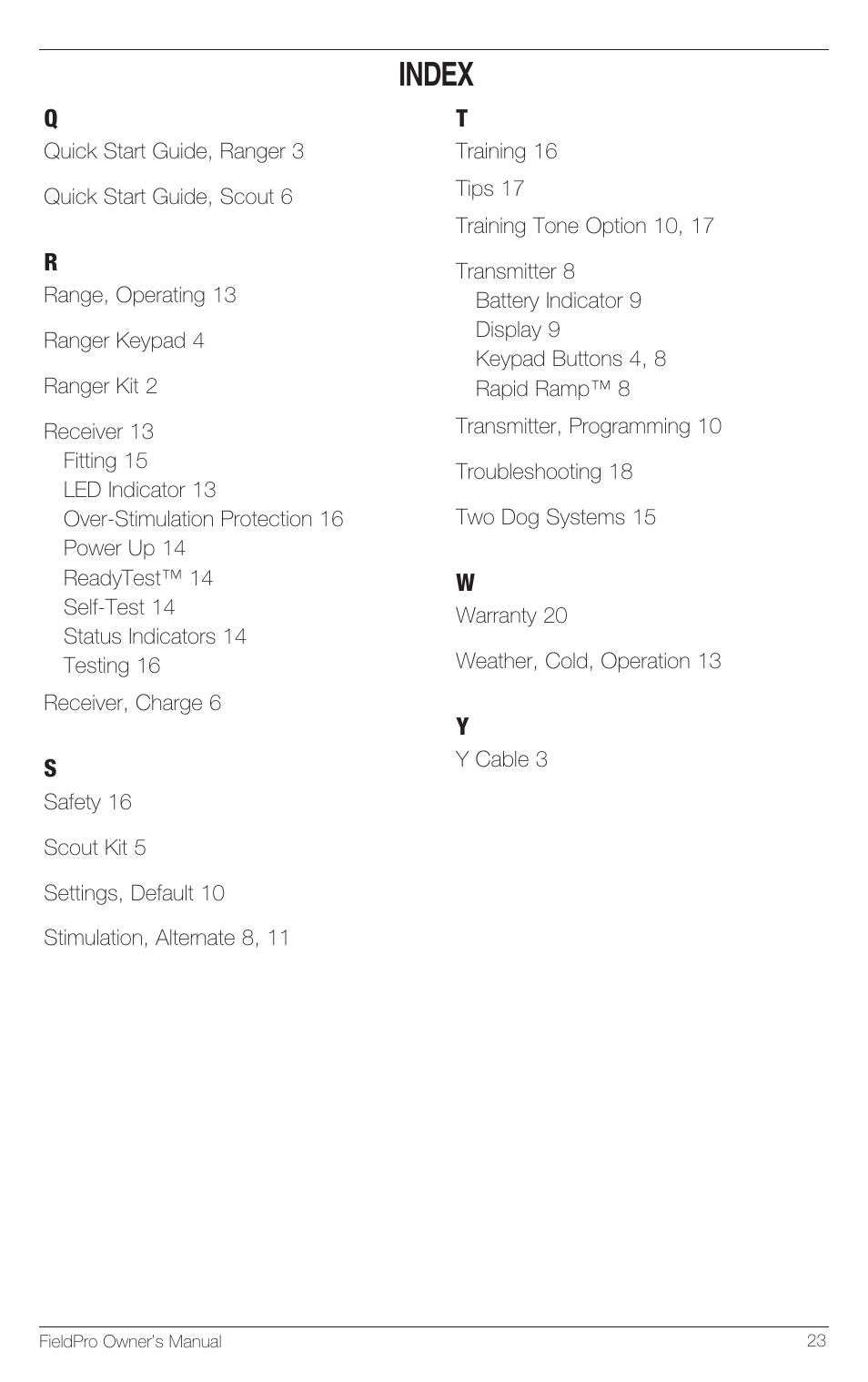 Index | Petsafe Innotek FieldPro Remote Trainer User Manual | Page 23 / 24