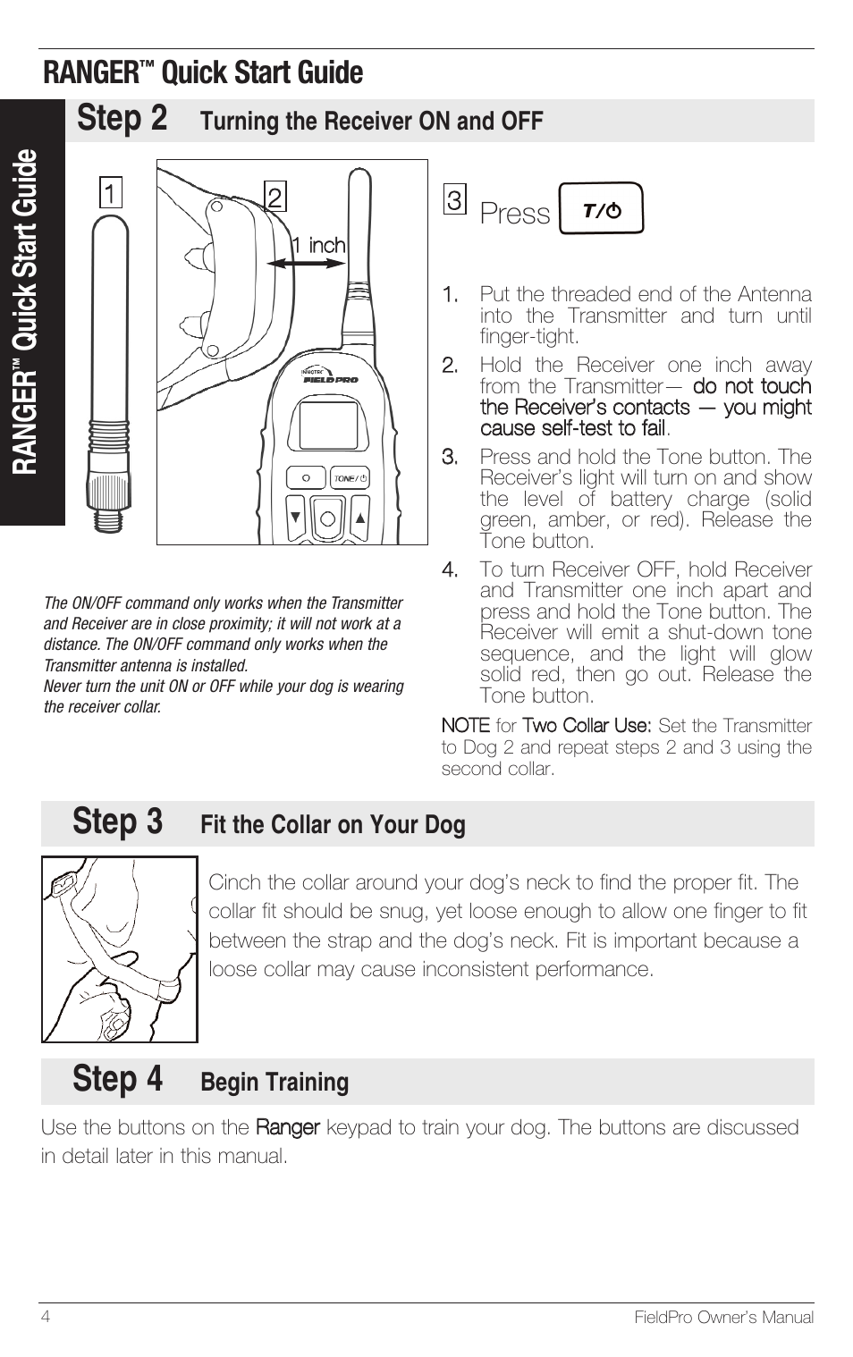 Step 3, Step 4, Step 2 | Ranger, Quick start guide, Press | Petsafe Innotek FieldPro Remote Trainer User Manual | Page 4 / 24