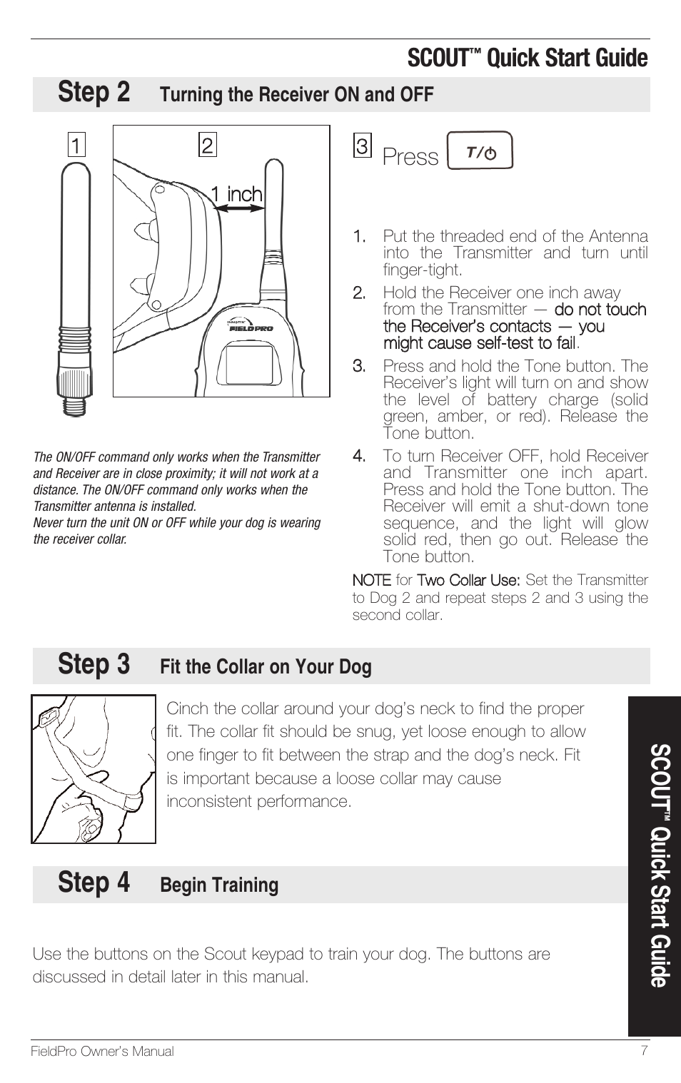 Step 2, Step 3, Step 4 | Scout, Quick start guide, Press | Petsafe Innotek FieldPro Remote Trainer User Manual | Page 7 / 24