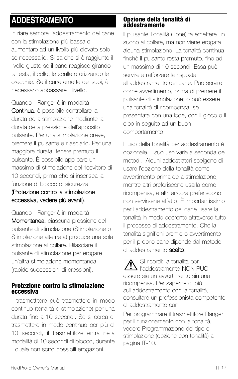 Addestramento | Petsafe Innotek FieldPro Remote Trainer User Manual | Page 105 / 156