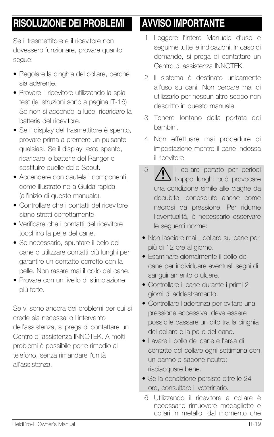 Risoluzione dei problemi, Avviso importante | Petsafe Innotek FieldPro Remote Trainer User Manual | Page 107 / 156
