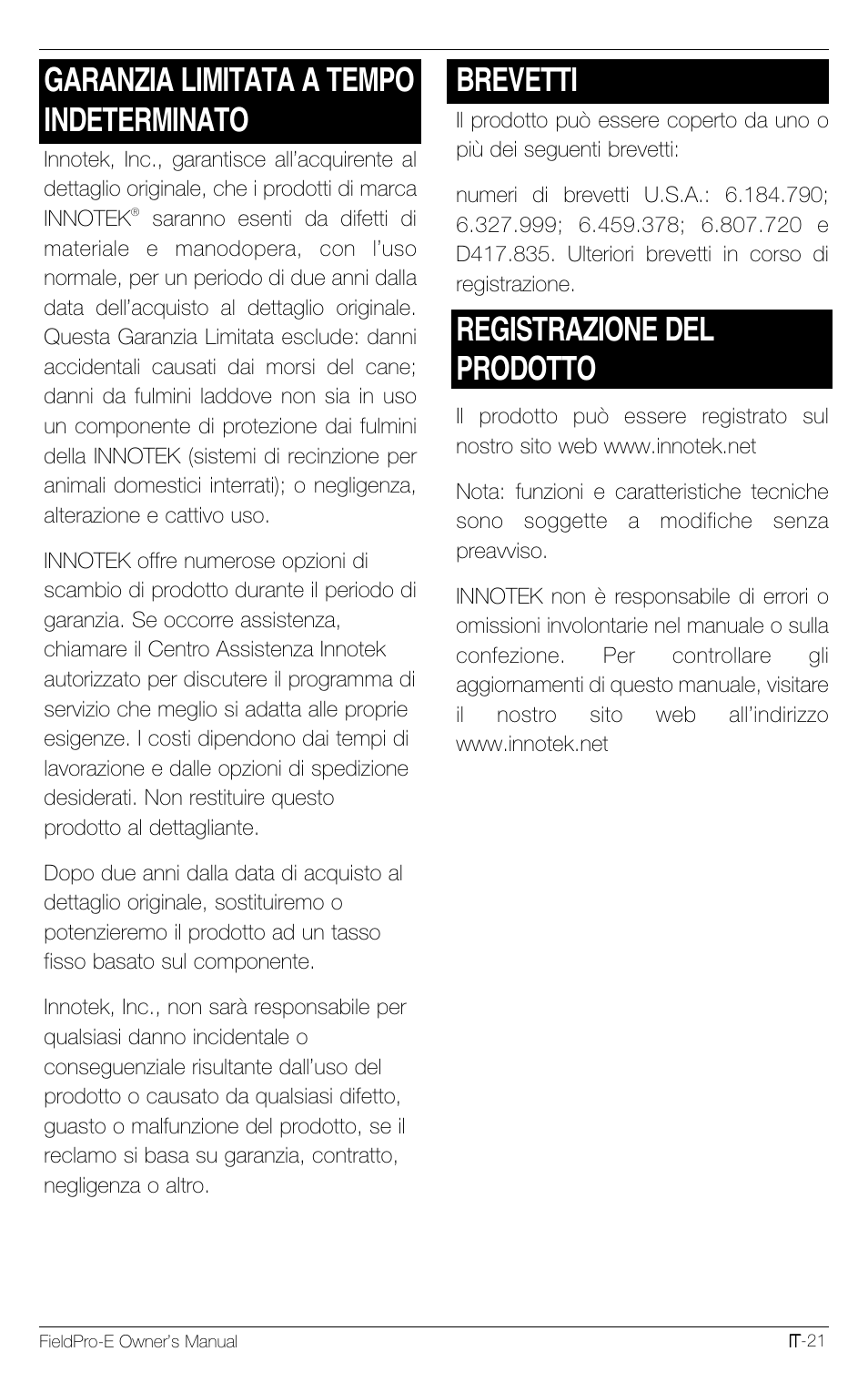Garanzia limitata a tempo indeterminato, Brevetti, Registrazione del prodotto | Petsafe Innotek FieldPro Remote Trainer User Manual | Page 109 / 156