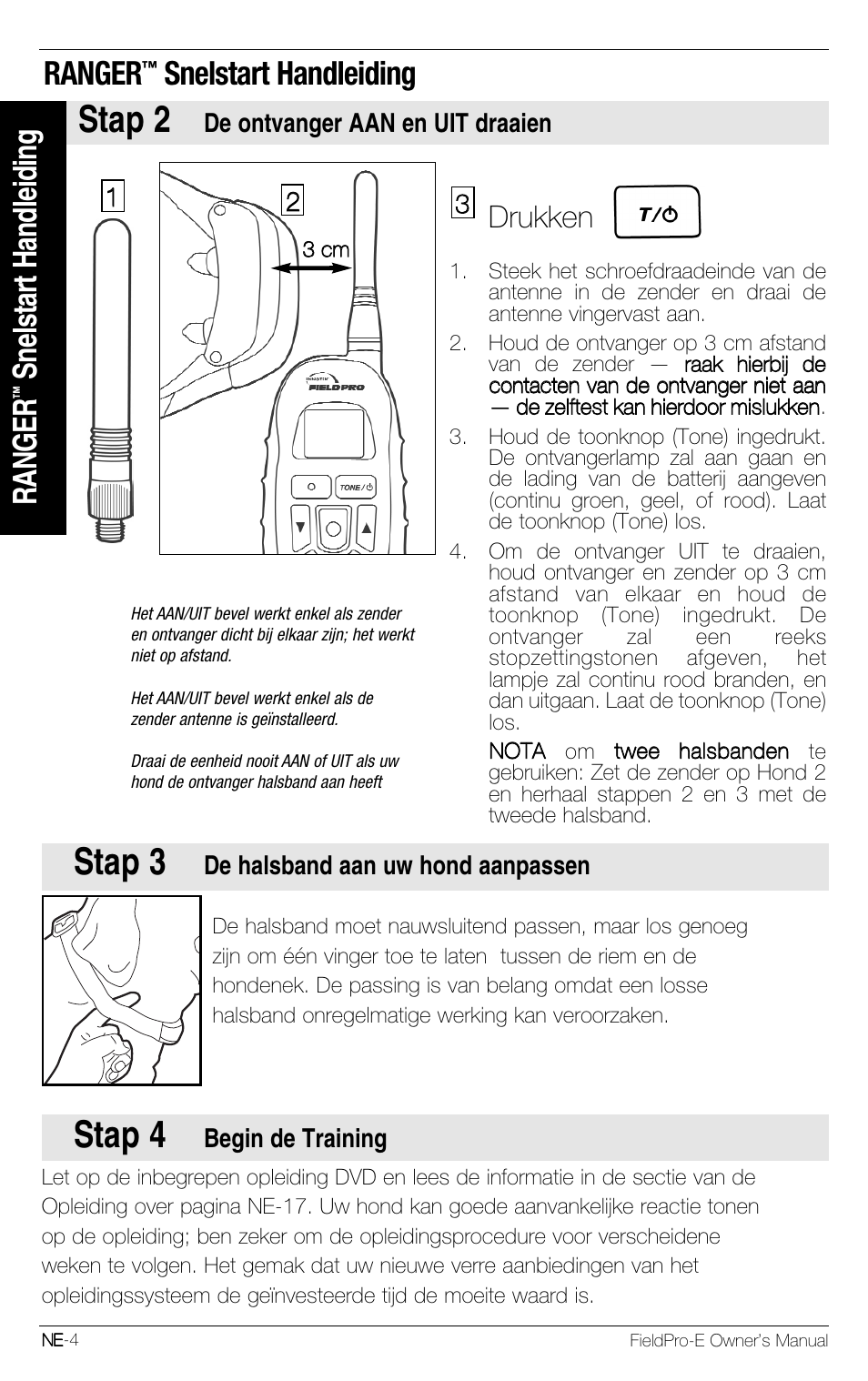 Stap 3, Stap 4, Stap 2 | Ranger, Snelstart handleiding, Drukken | Petsafe Innotek FieldPro Remote Trainer User Manual | Page 114 / 156