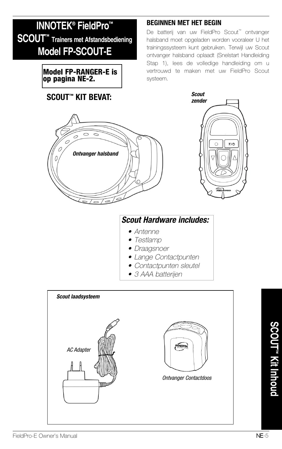 Fieldpro, Scout, Model fp-scout-e | Kit inhoud, Scout hardware includes, Kit bevat | Petsafe Innotek FieldPro Remote Trainer User Manual | Page 115 / 156