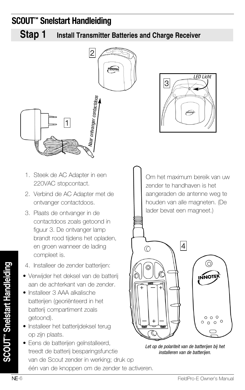 Stap 1, Scout, Snelstart handleiding | Install transmitter batteries and charge receiver | Petsafe Innotek FieldPro Remote Trainer User Manual | Page 116 / 156