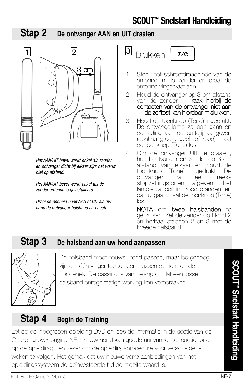 Stap 2, Stap 3, Stap 4 | Scout, Snelstart handleiding, Drukken | Petsafe Innotek FieldPro Remote Trainer User Manual | Page 117 / 156