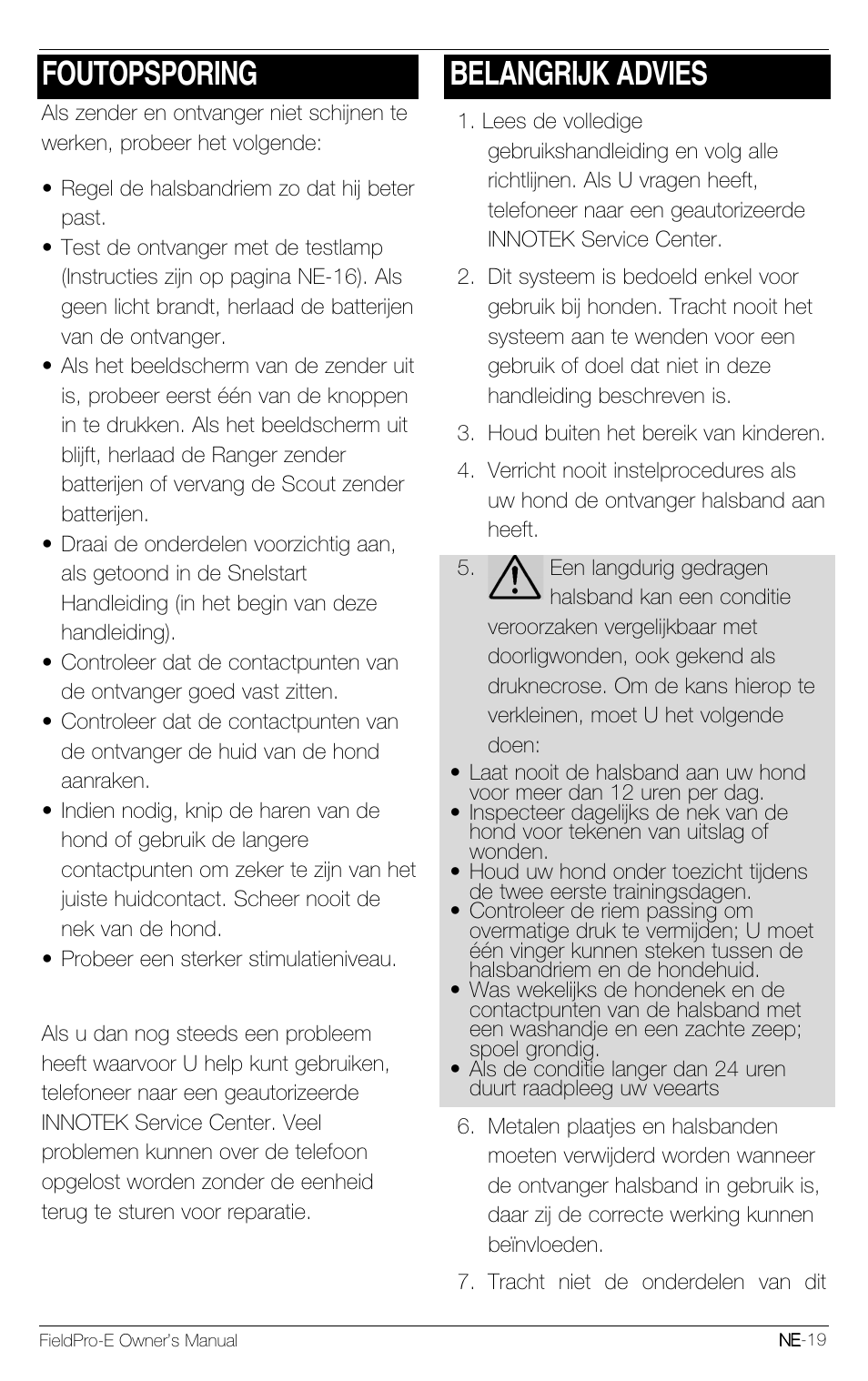 Foutopsporing, Belangrijk advies | Petsafe Innotek FieldPro Remote Trainer User Manual | Page 129 / 156