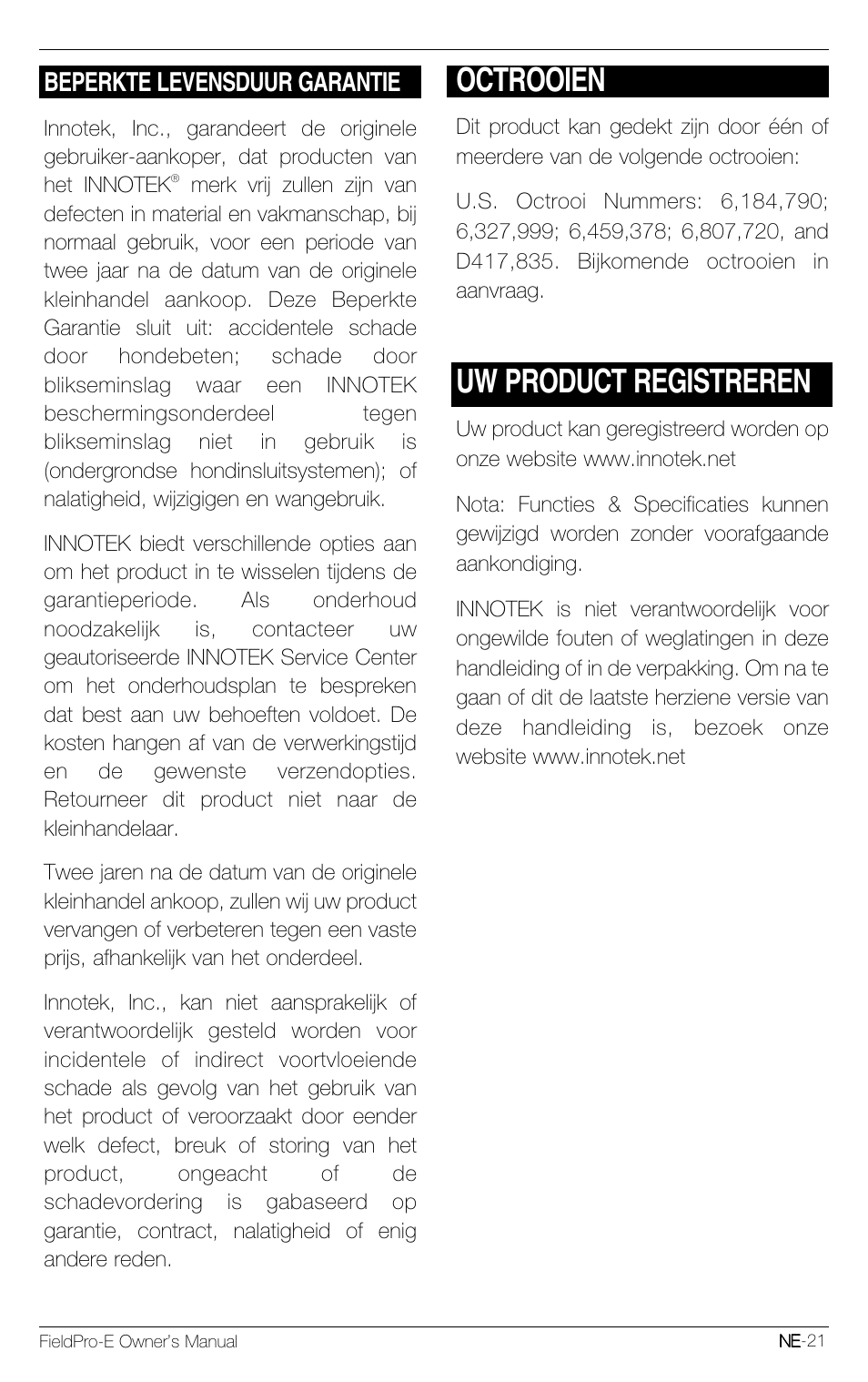 Octrooien, Uw product registreren, Beperkte levensduur garantie | Petsafe Innotek FieldPro Remote Trainer User Manual | Page 131 / 156