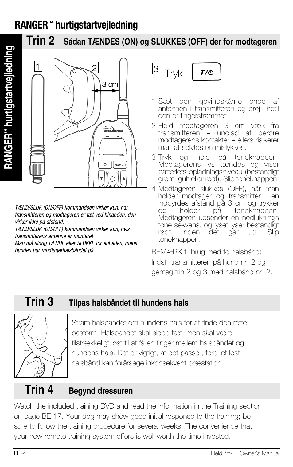 Trin 3, Trin 4, Trin 2 | Ranger, Hurtigstartvejledning, Tryk | Petsafe Innotek FieldPro Remote Trainer User Manual | Page 136 / 156