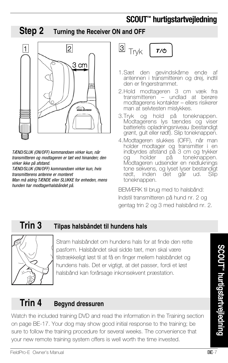 Step 2, Trin 3, Trin 4 | Scout, Hurtigstartvejledning, Tryk | Petsafe Innotek FieldPro Remote Trainer User Manual | Page 139 / 156