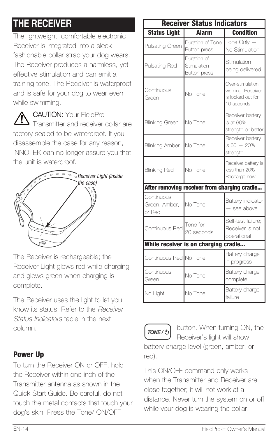 The receiver, Power up, Receiver status indicators | Petsafe Innotek FieldPro Remote Trainer User Manual | Page 14 / 156