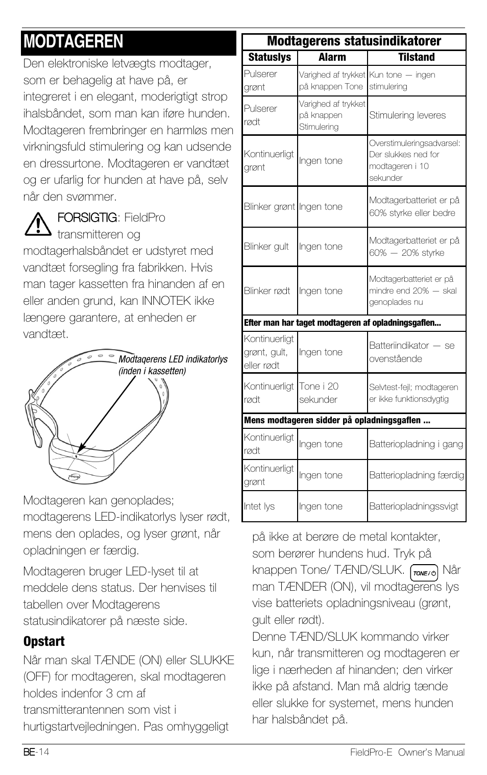 Modtageren, Opstart, Modtagerens statusindikatorer | Petsafe Innotek FieldPro Remote Trainer User Manual | Page 146 / 156
