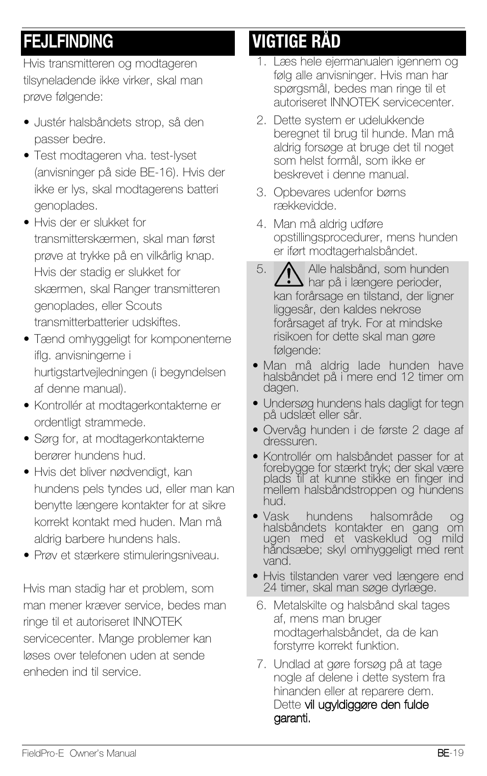 Fejlfinding, Vigtige råd | Petsafe Innotek FieldPro Remote Trainer User Manual | Page 151 / 156