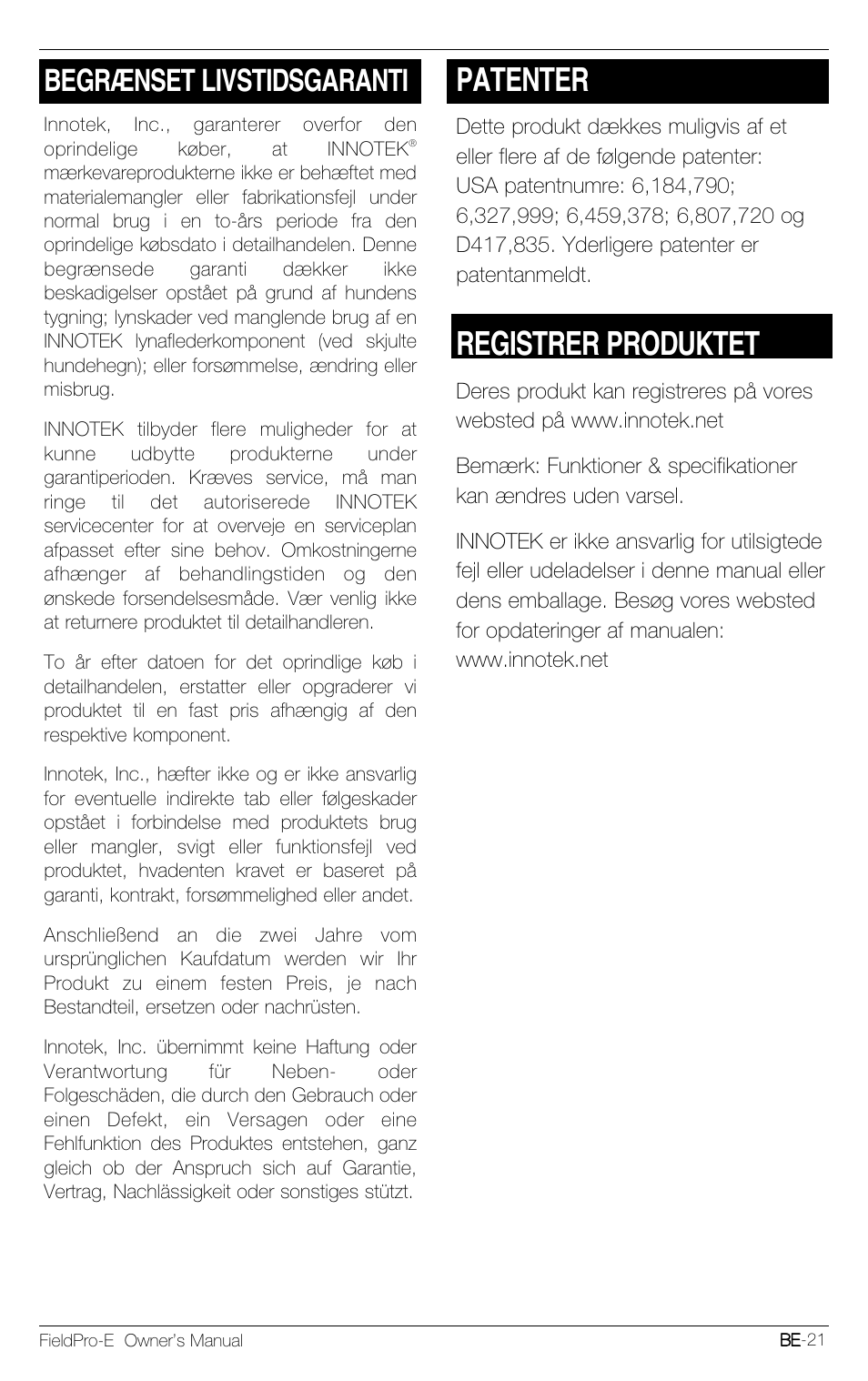 Patenter, Registrer produktet, Begrænset livstidsgaranti | Petsafe Innotek FieldPro Remote Trainer User Manual | Page 153 / 156