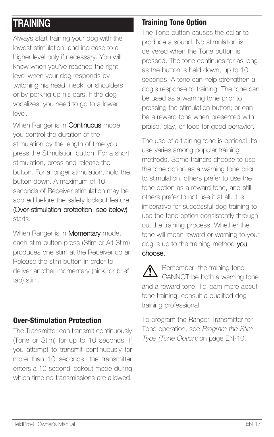 Training | Petsafe Innotek FieldPro Remote Trainer User Manual | Page 17 / 156
