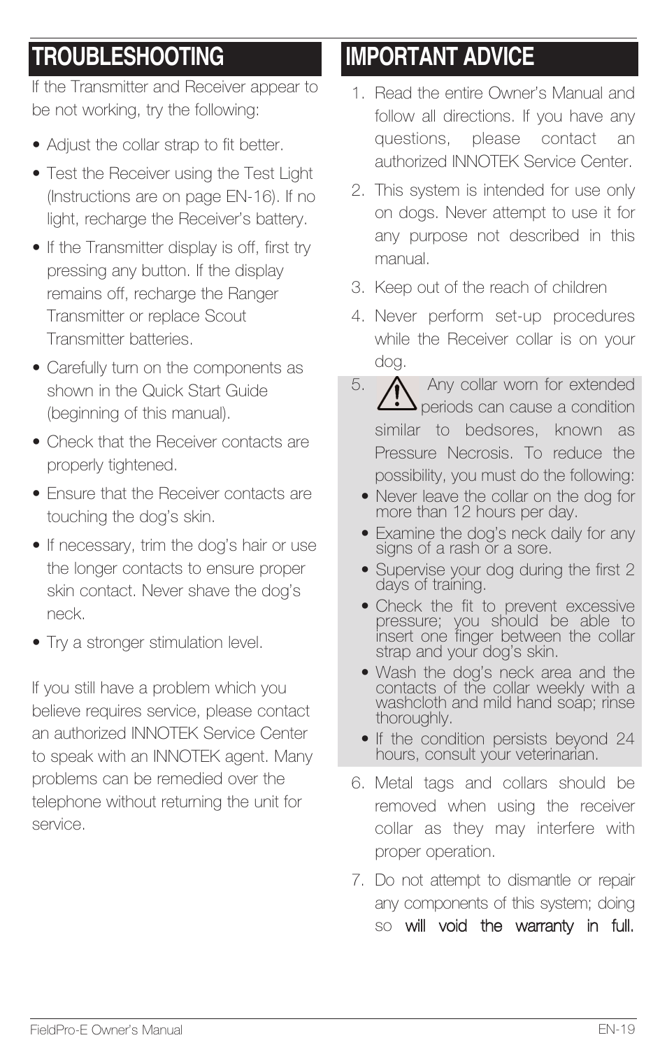Troubleshooting, Important advice | Petsafe Innotek FieldPro Remote Trainer User Manual | Page 19 / 156