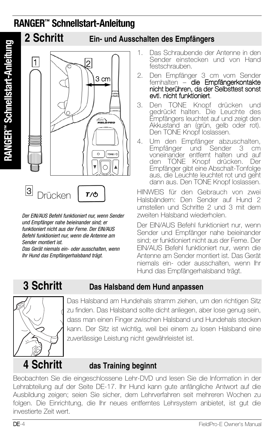 3 schritt, 4 schritt, 2 schritt | Ranger, Schnellstart-anleitung, Drücken | Petsafe Innotek FieldPro Remote Trainer User Manual | Page 26 / 156