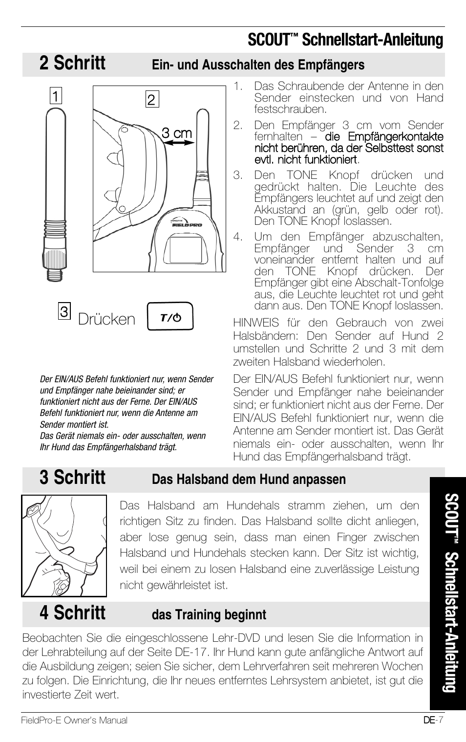 2 schritt, 3 schritt, 4 schritt | Scout, Schnellstart-anleitung, Drücken | Petsafe Innotek FieldPro Remote Trainer User Manual | Page 29 / 156