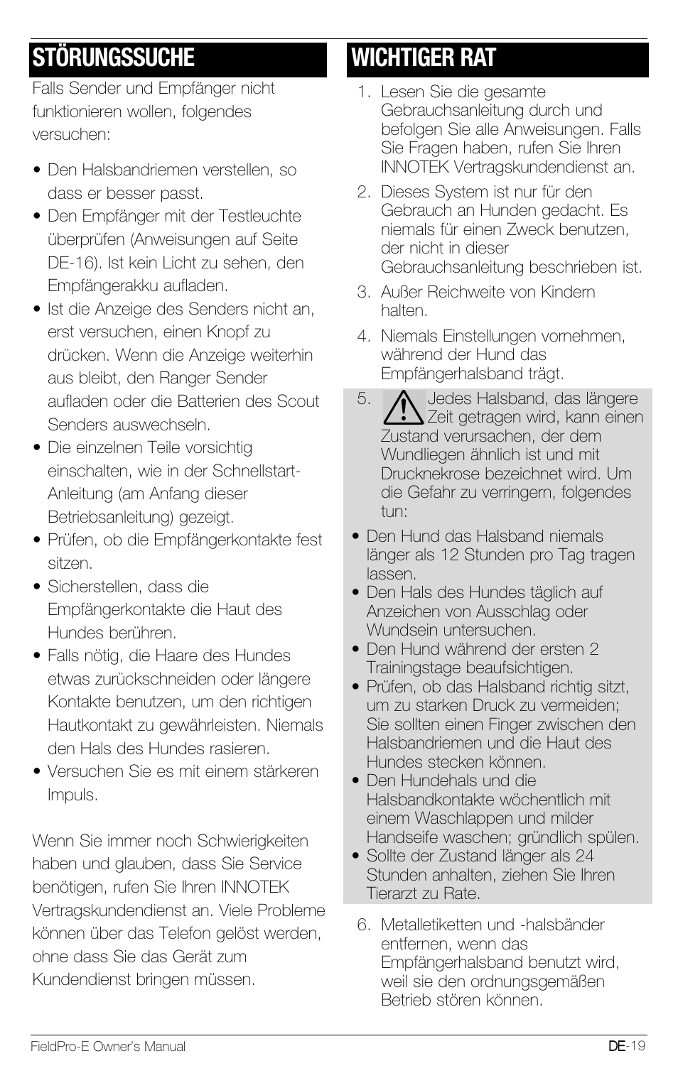 Störungssuche, Wichtiger rat | Petsafe Innotek FieldPro Remote Trainer User Manual | Page 41 / 156