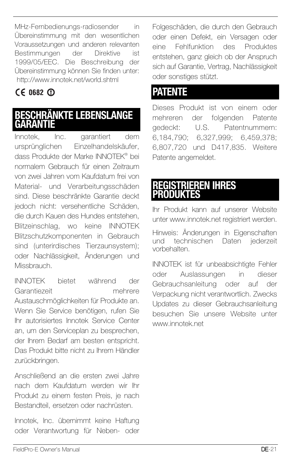 Beschränkte lebenslange garantie, Patente, Registrieren ihres produktes | Petsafe Innotek FieldPro Remote Trainer User Manual | Page 43 / 156