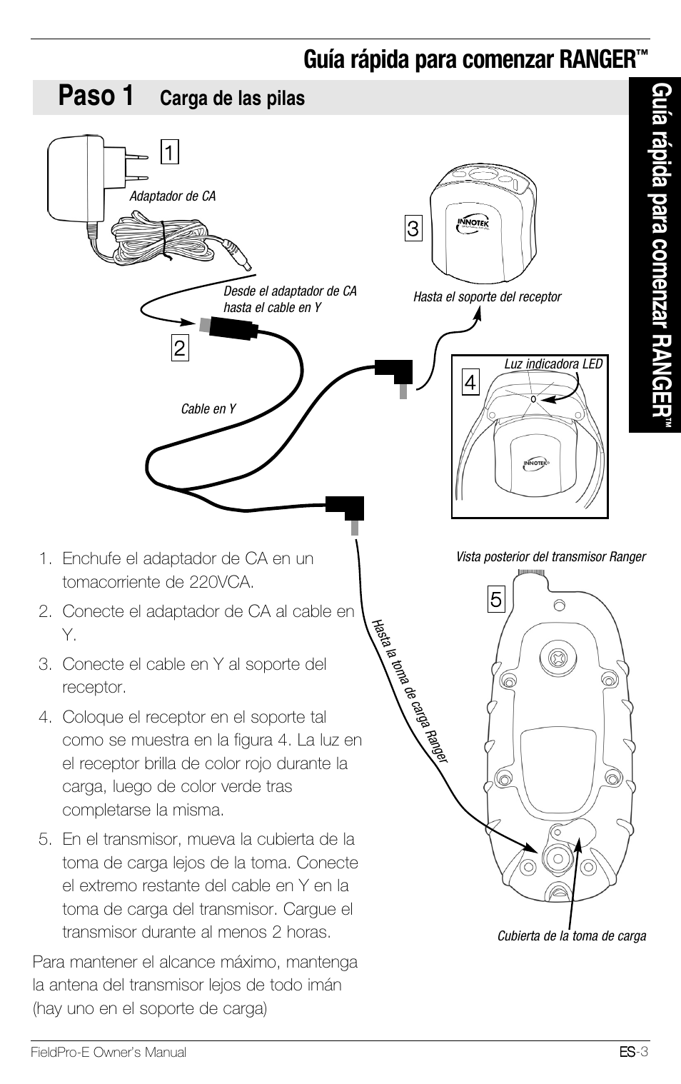 Paso 1, Guía rápida para comenzar ranger, Carga de las pilas | Petsafe Innotek FieldPro Remote Trainer User Manual | Page 47 / 156