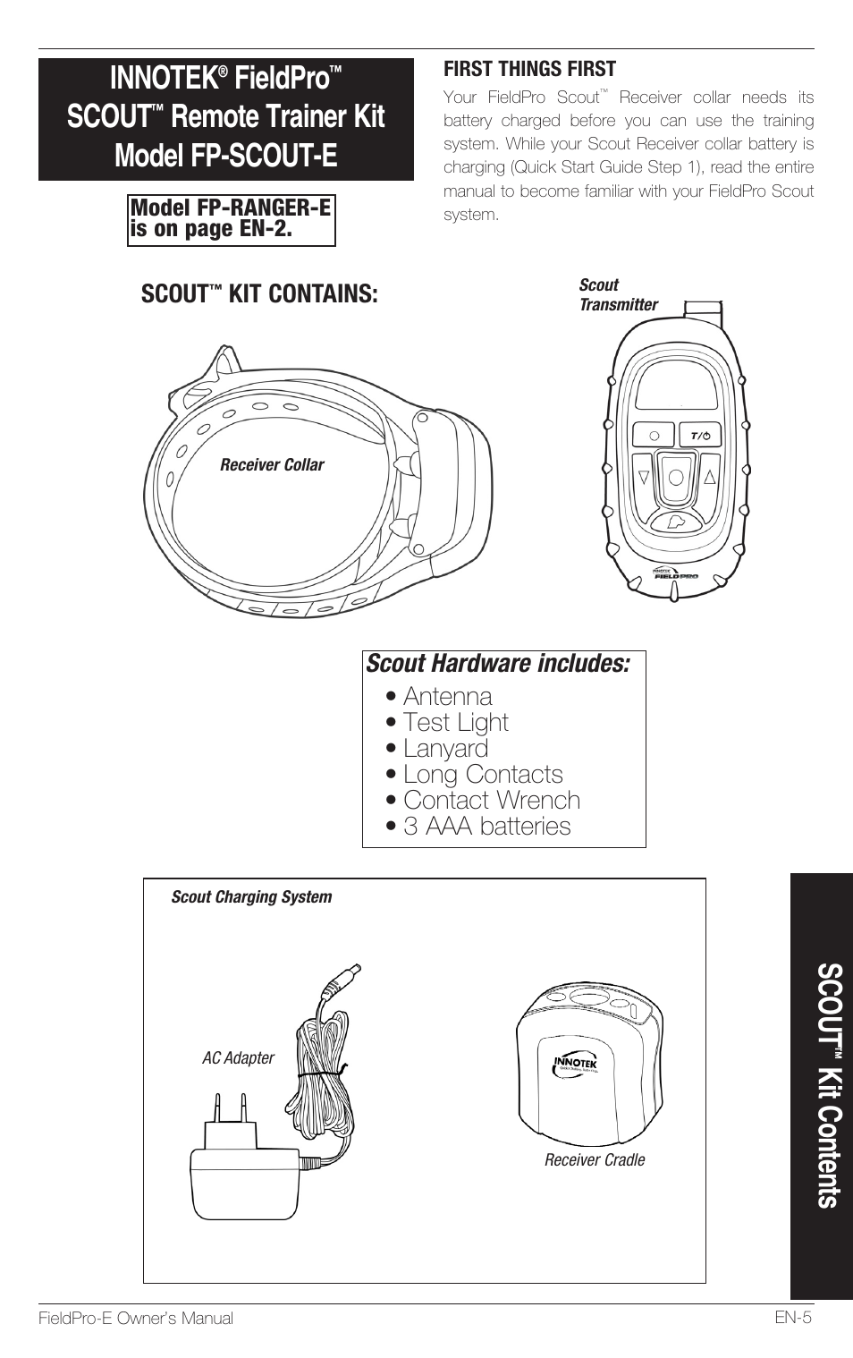 Fieldpro, Scout, Remote trainer kit model fp-scout-e | Kit contents, Scout hardware includes, Kit contains | Petsafe Innotek FieldPro Remote Trainer User Manual | Page 5 / 156