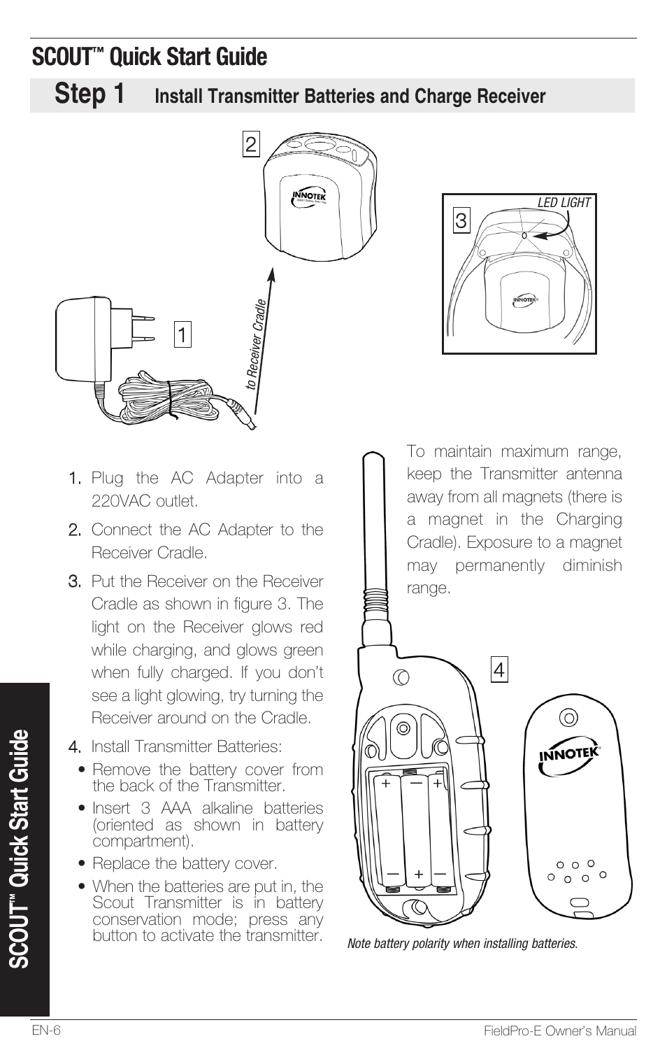 Step 1, Scout, Quick start guide | Petsafe Innotek FieldPro Remote Trainer User Manual | Page 6 / 156