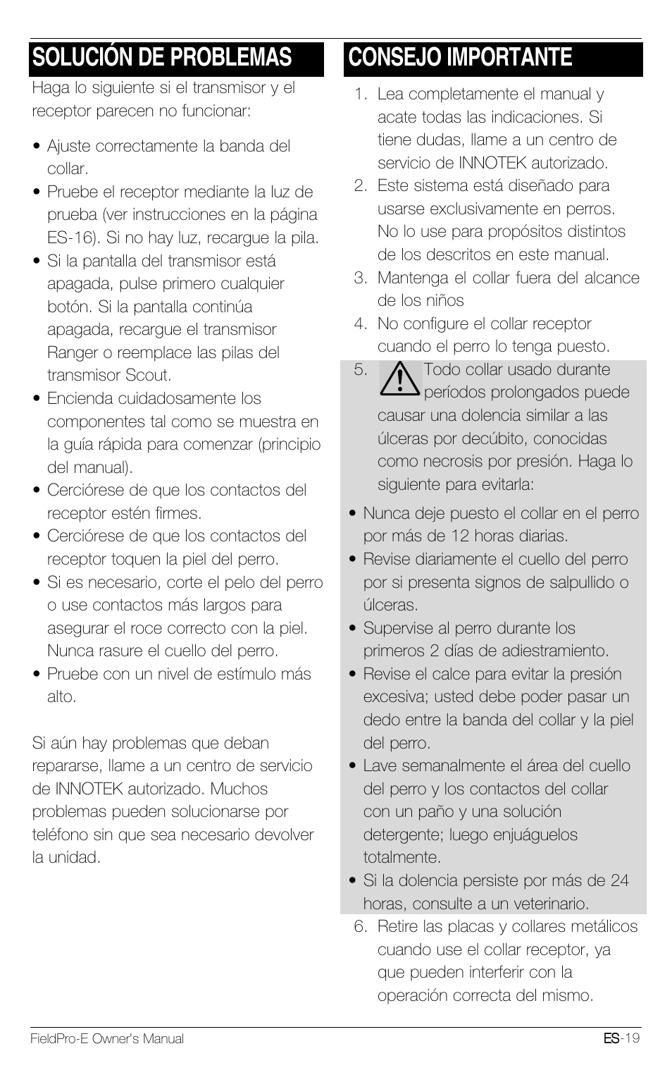Solución de problemas, Consejo importante | Petsafe Innotek FieldPro Remote Trainer User Manual | Page 63 / 156