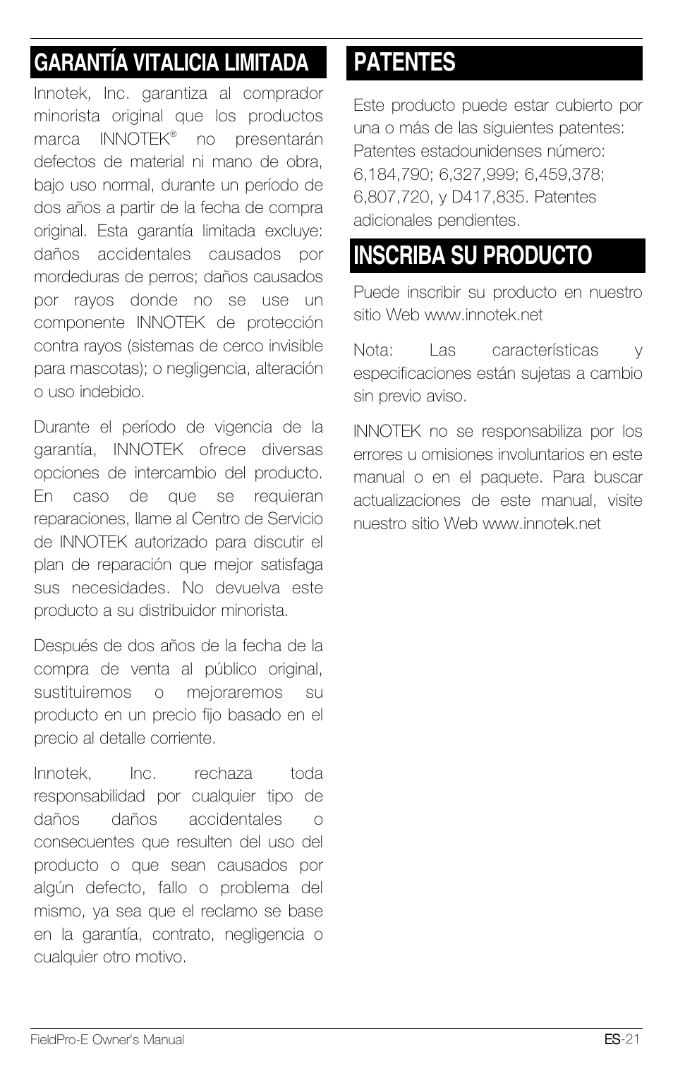 Patentes, Inscriba su producto, Garantía vitalicia limitada | Petsafe Innotek FieldPro Remote Trainer User Manual | Page 65 / 156