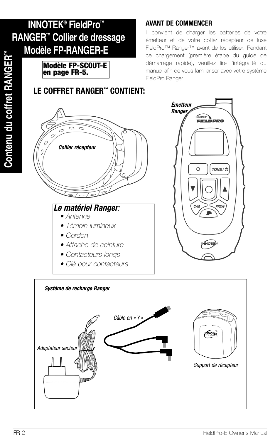 Fieldpro, Ranger, Collier de dressage modèle fp-ranger-e | Contenu du coffret ranger, Le matériel ranger, Le coffret ranger, Contient | Petsafe Innotek FieldPro Remote Trainer User Manual | Page 68 / 156