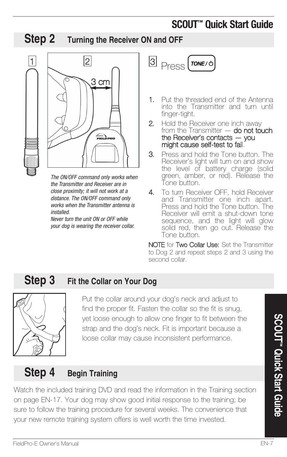 Step 2, Step 3, Step 4 | Scout, Quick start guide, Press | Petsafe Innotek FieldPro Remote Trainer User Manual | Page 7 / 156