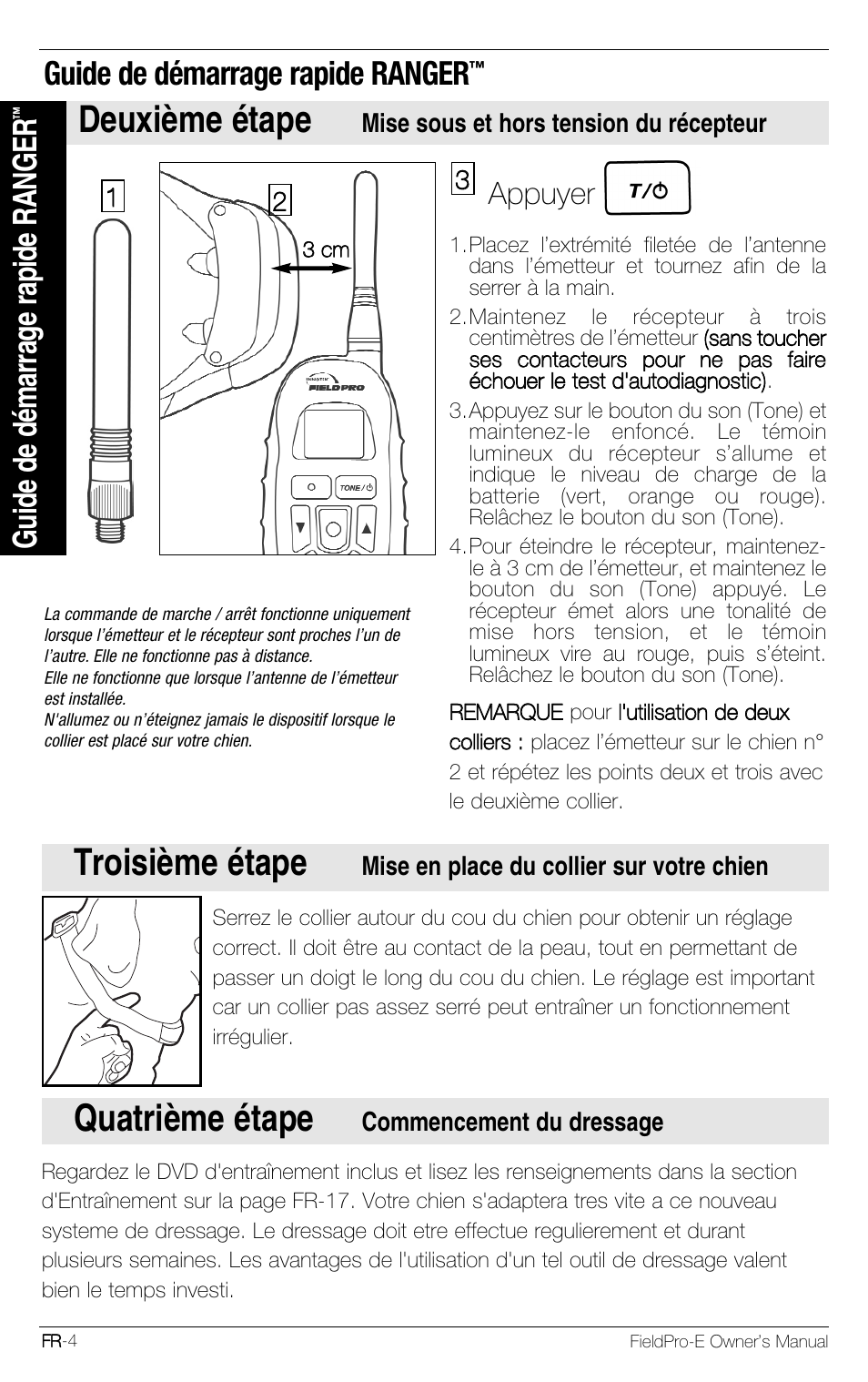Troisième étape, Quatrième étape, Deuxième étape | Guide de démarrage rapide ranger, Appuyer | Petsafe Innotek FieldPro Remote Trainer User Manual | Page 70 / 156