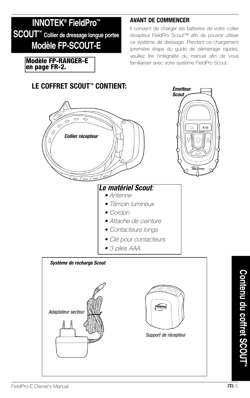 Fieldpro, Scout, Modèle fp-scout-e | Contenu du coffret scout, Le matériel scout, Le coffret scout, Contient | Petsafe Innotek FieldPro Remote Trainer User Manual | Page 71 / 156