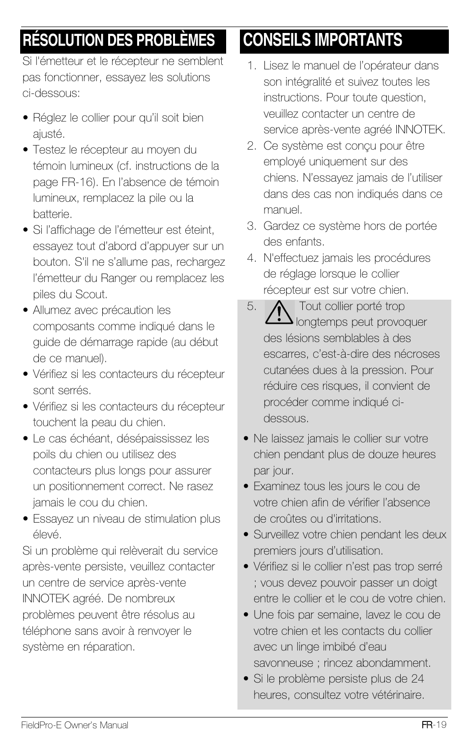 Conseils importants, Résolution des problèmes | Petsafe Innotek FieldPro Remote Trainer User Manual | Page 85 / 156