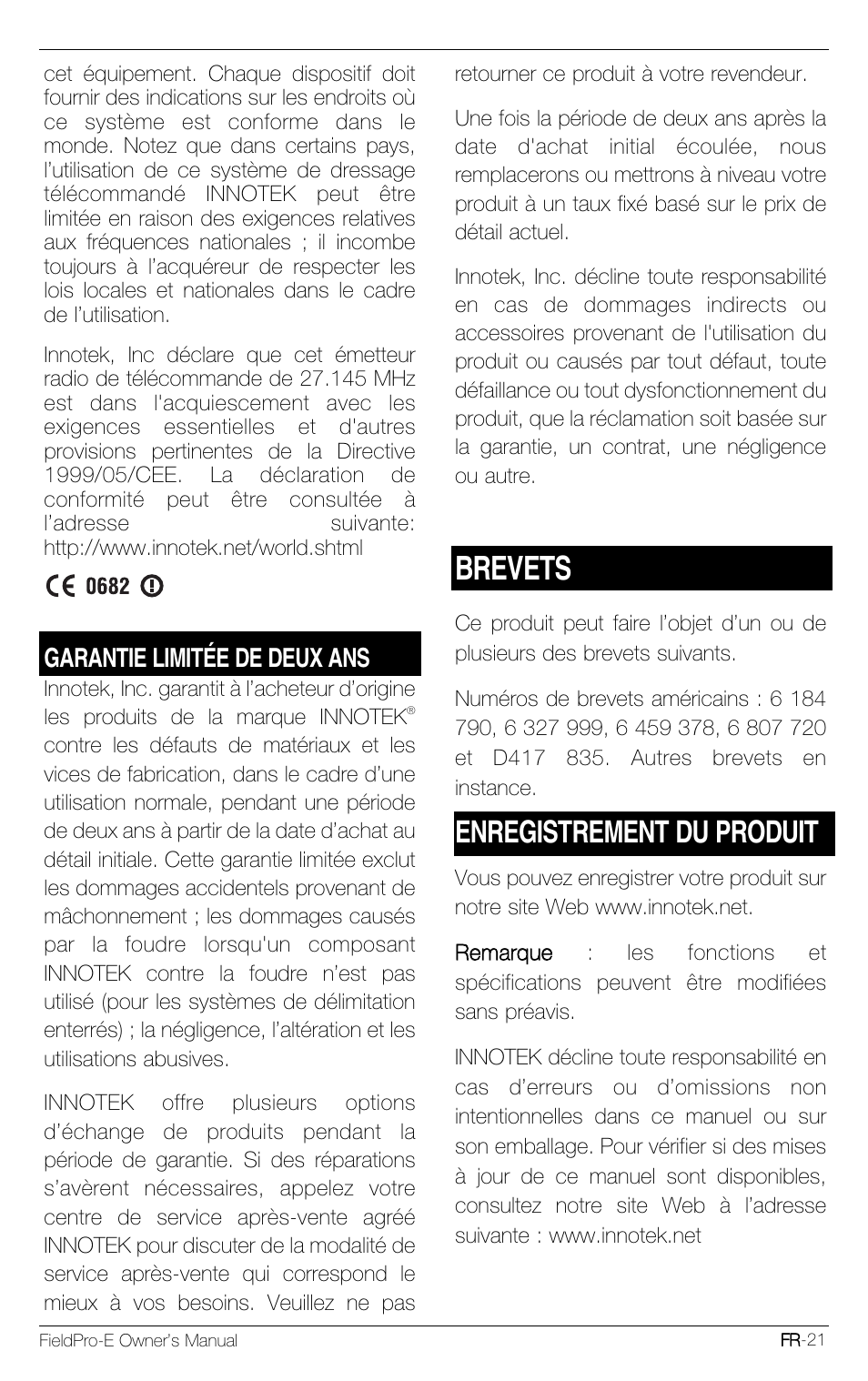 Brevets, Enregistrement du produit, Garantie limitée de deux ans | Petsafe Innotek FieldPro Remote Trainer User Manual | Page 87 / 156