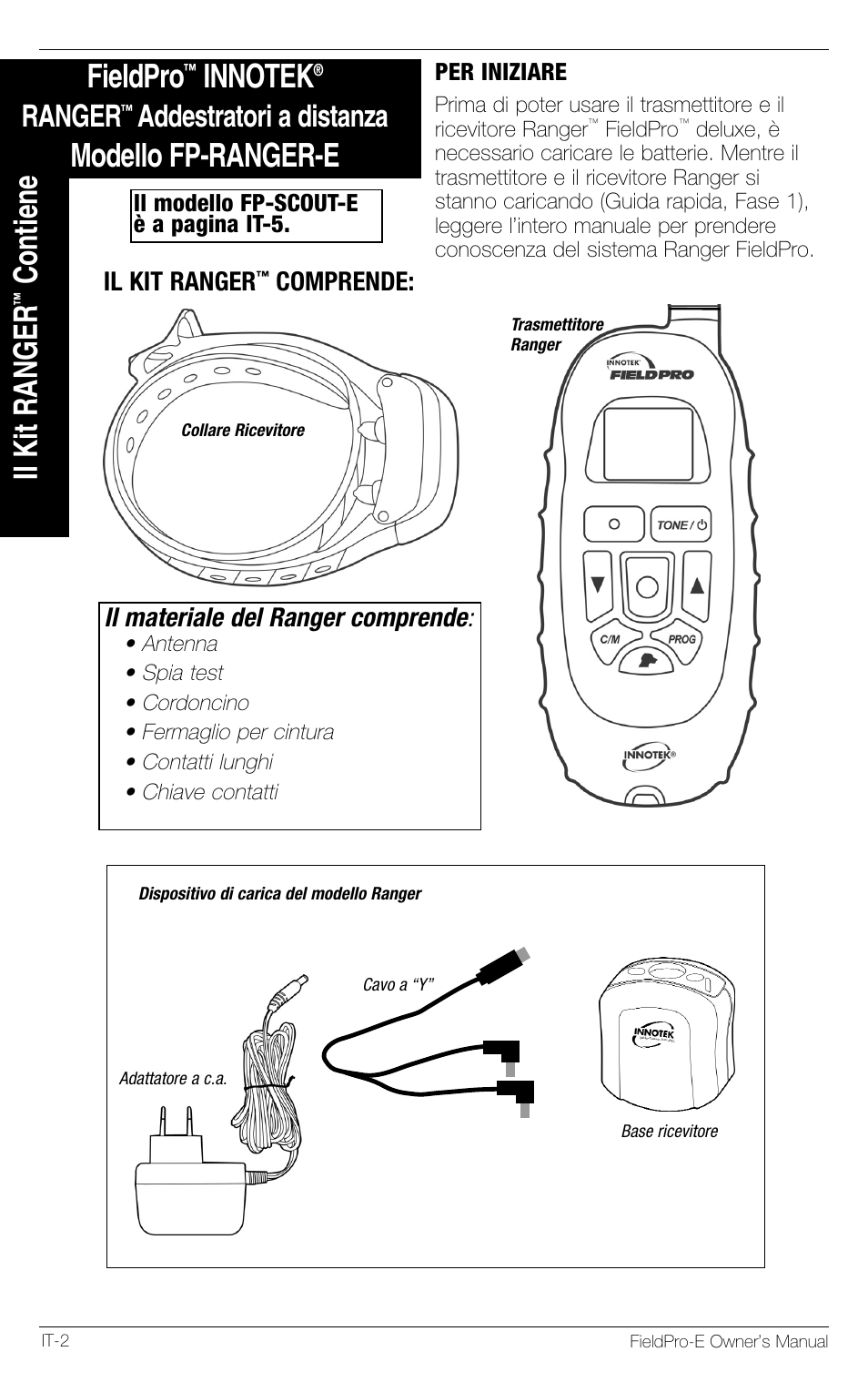 Fieldpro, Modello fp-ranger-e, Contiene | Ranger, Addestratori a distanza, Il materiale del ranger comprende, Il kit ranger, Comprende | Petsafe Innotek FieldPro Remote Trainer User Manual | Page 90 / 156