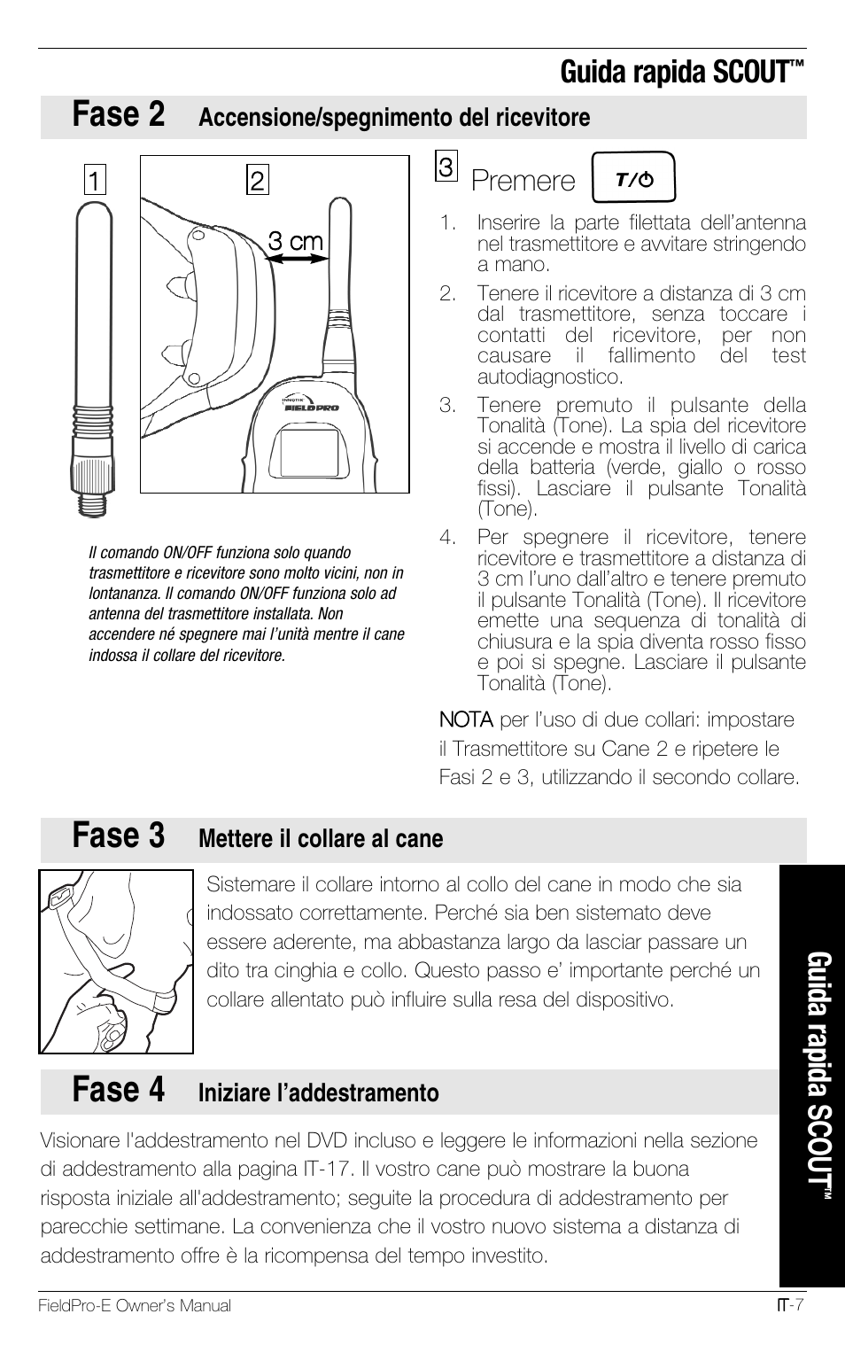 Fase 2, Fase 3, Fase 4 | Guida rapida scout, Premere | Petsafe Innotek FieldPro Remote Trainer User Manual | Page 95 / 156